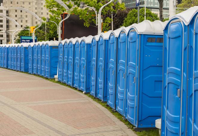 a line of spacious and well-maintained portable restrooms in Capistrano Beach